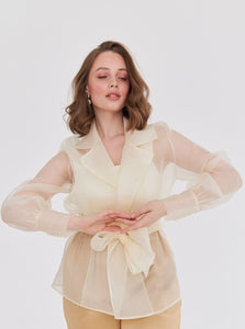 Transparent cream organza blouse with a belt