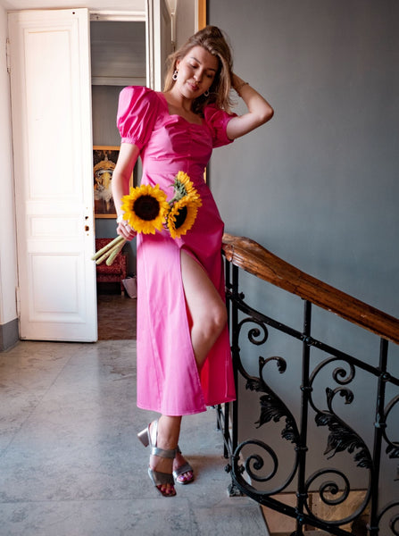 Gabrielle Cotton Puff Sleeve Dress - Pink